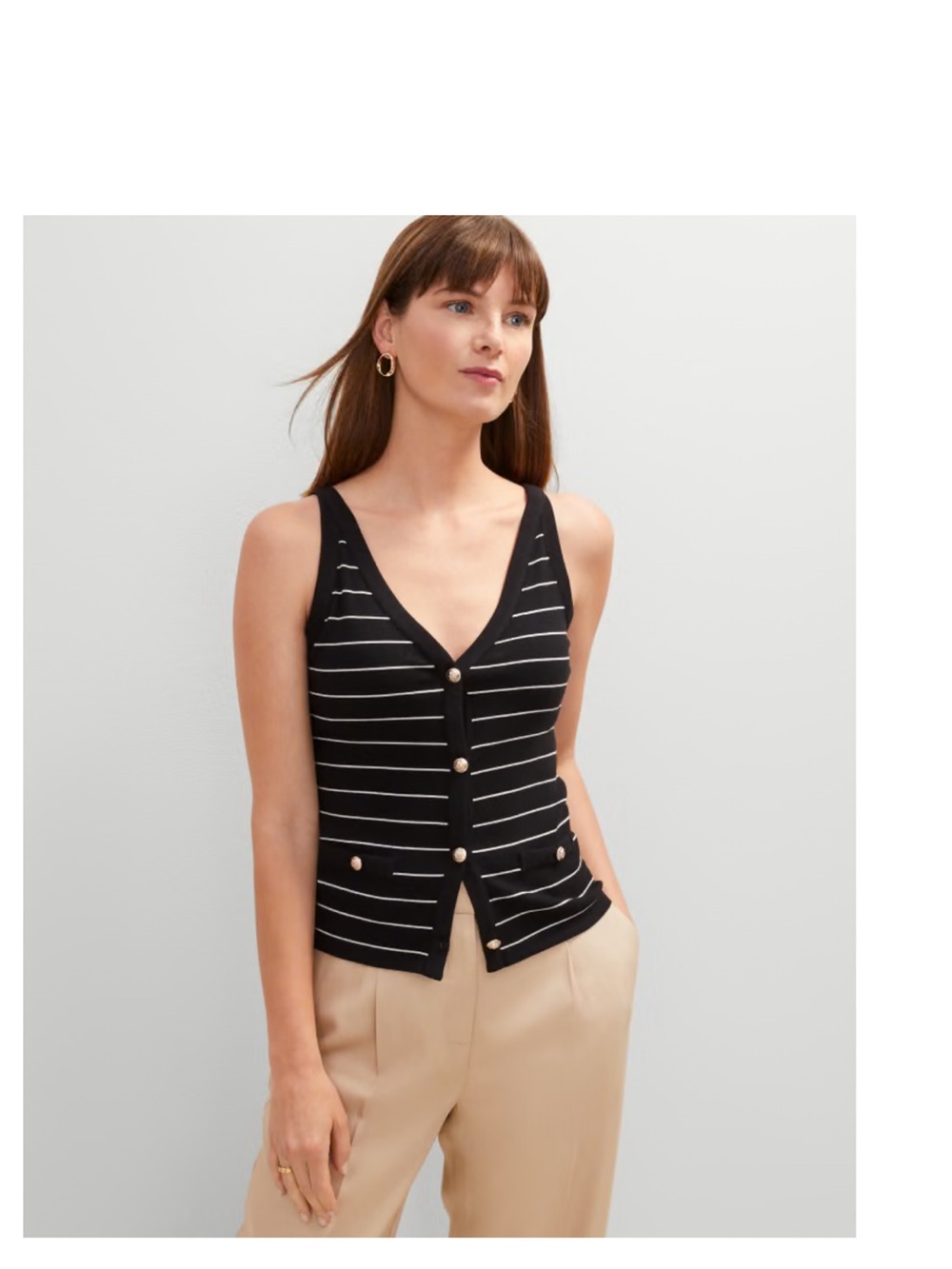 Ann Taylor Striped Button-Front Knit Tank Top - Black